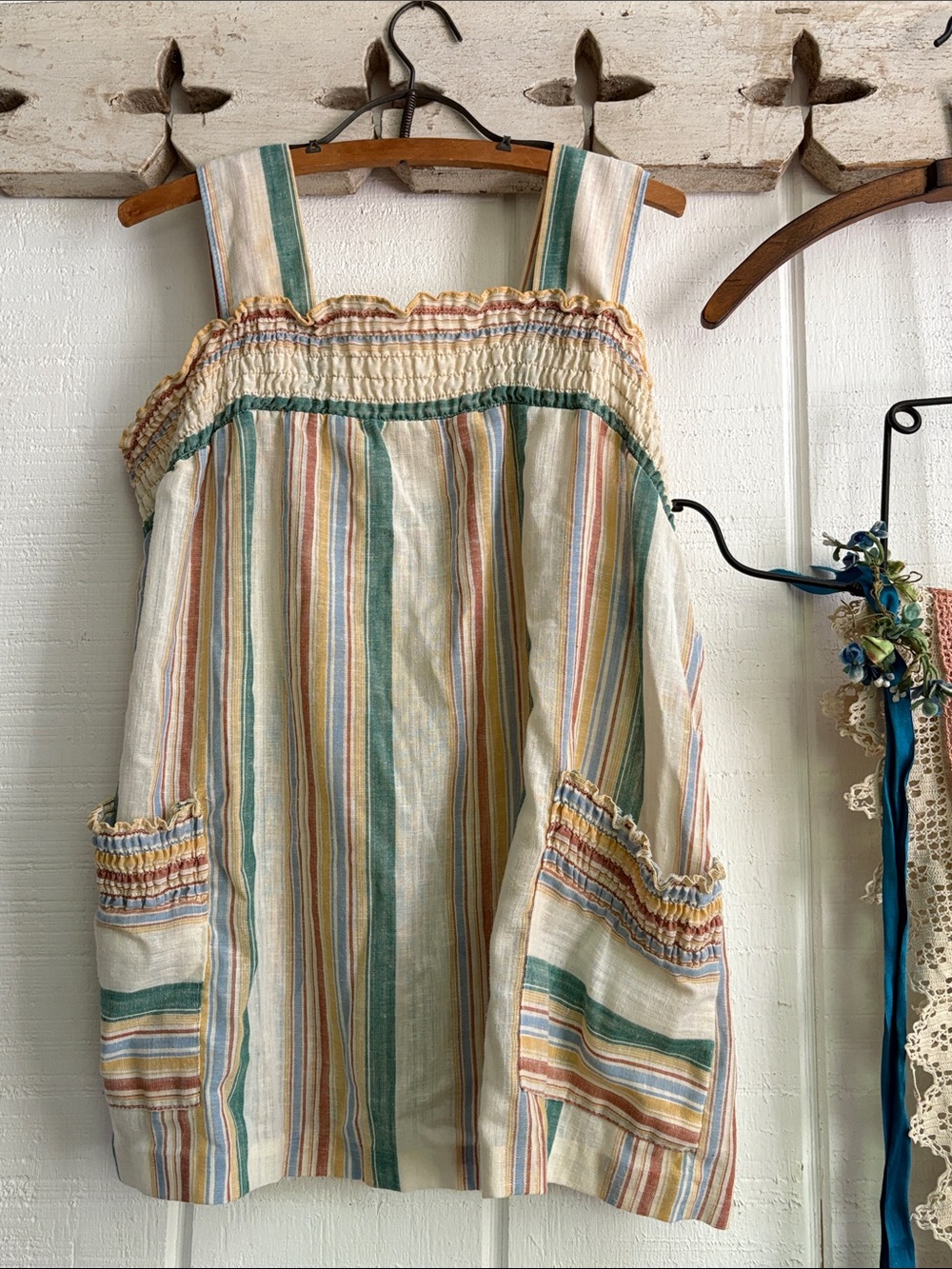 Vintage 70s Striped Smocked Pocket Tank Top - Multicolor Union Made XL - Picture 10 of 13